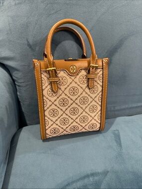Tory Burch Tan Leather-Trim Canvas Logo Mini Tote WITH STRSP STILL WRAPPED NWT